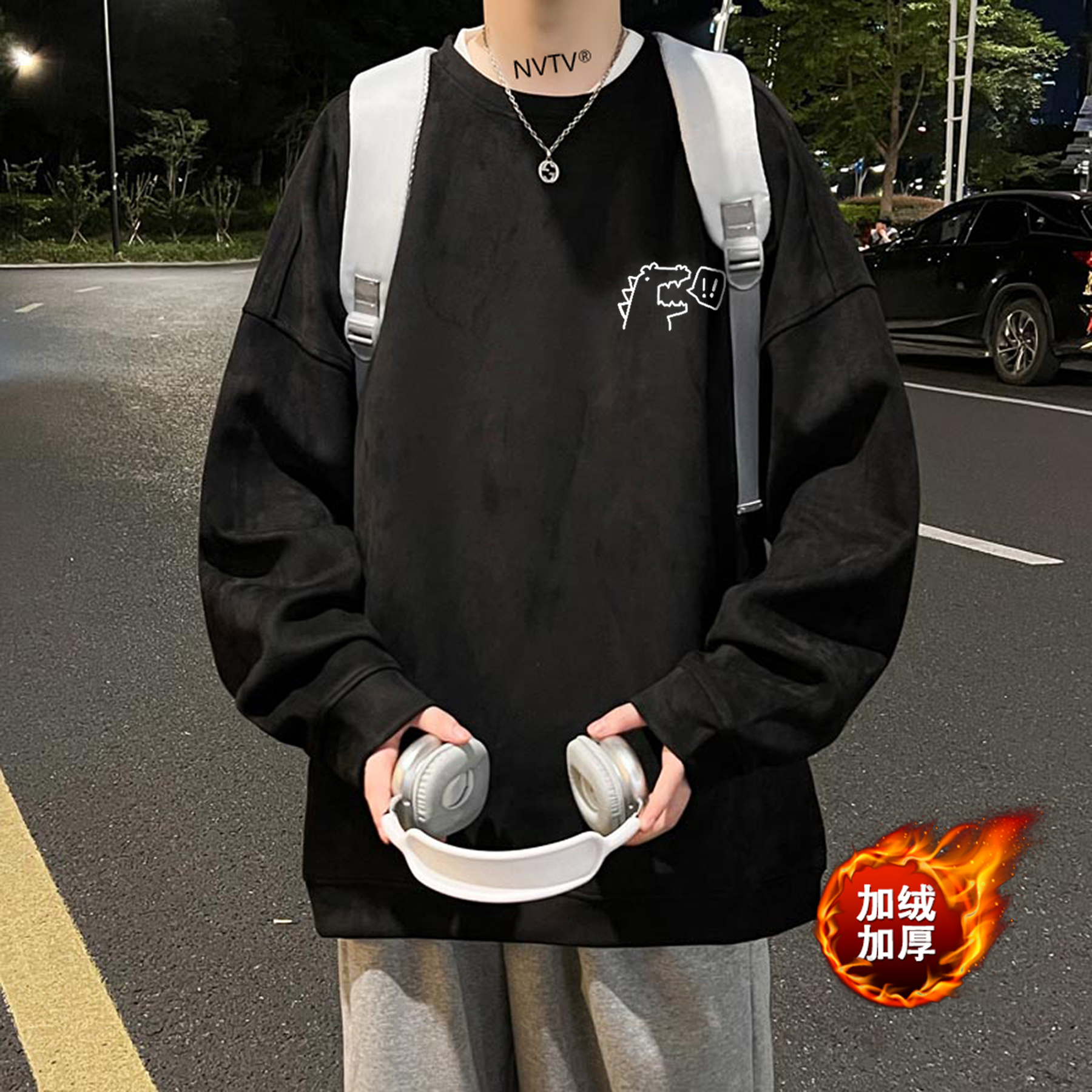 秋季潮牌圆领卫衣男秋冬宽松简约套头衫潮流港风中性情侣无帽外套