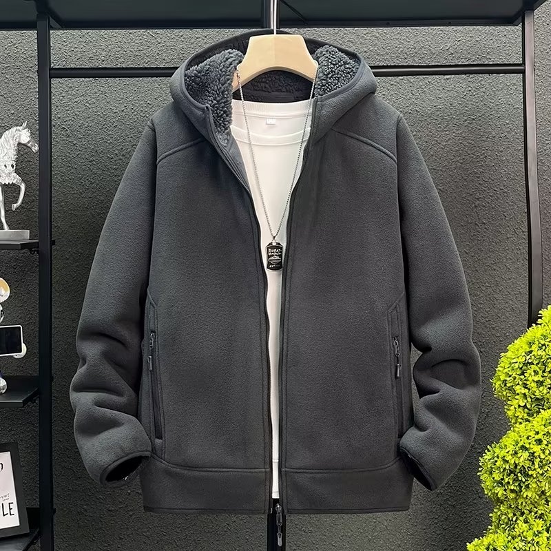 外套男秋冬款2023新款潮流加绒加厚宽松连帽青少年摇粒绒休闲夹克