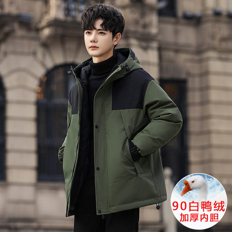 波司登冲锋衣羽绒服男士冬季加厚派克服拼色连帽白鸭绒工装外套男