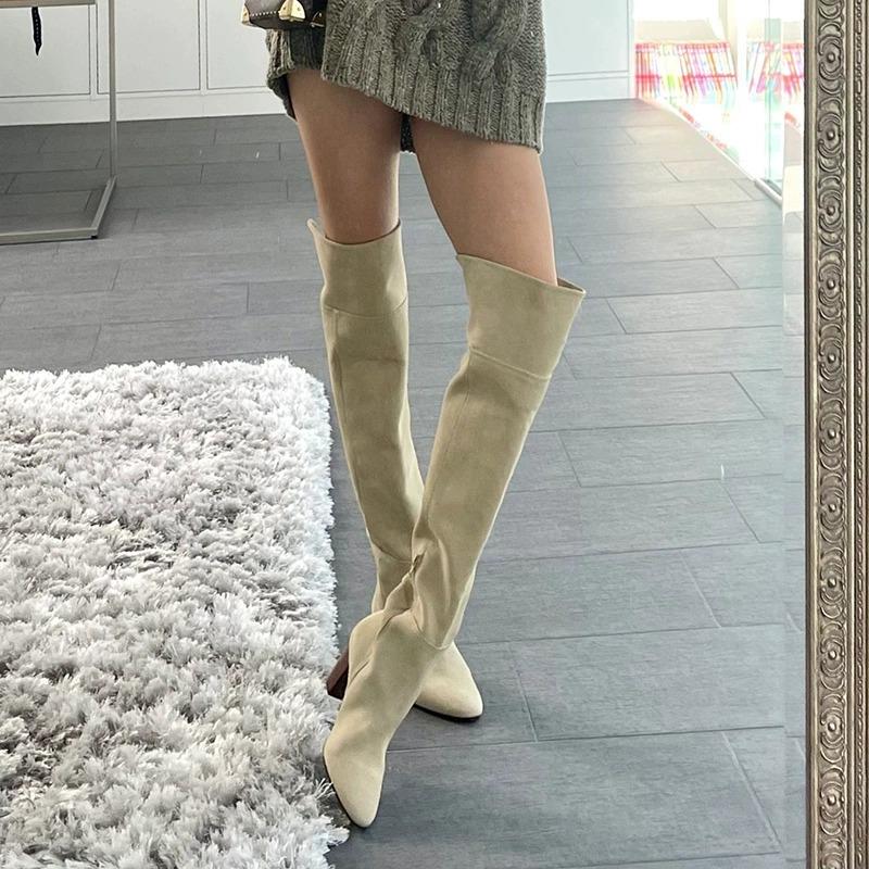 显腿细~版型棒极了！粗跟尖头绒面超长过膝长靴弹力高跟女长筒靴