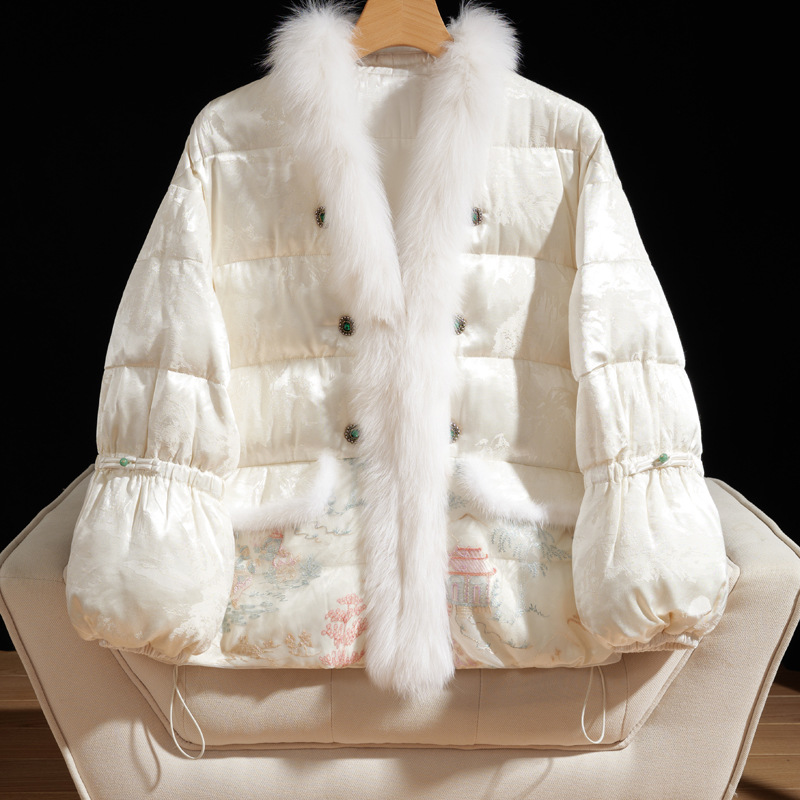 90鸭绒2023秋冬新款国风羽绒服女外套白色洋气时尚百搭外套