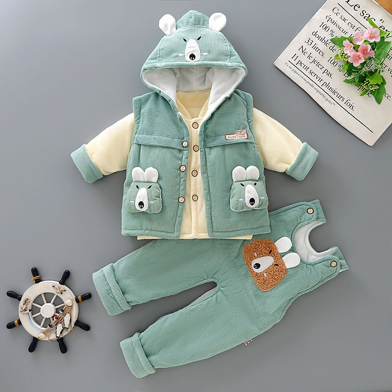 婴儿秋冬季套装背带裤三件套加厚薄棉服0-2岁新生男宝宝冬装棉衣