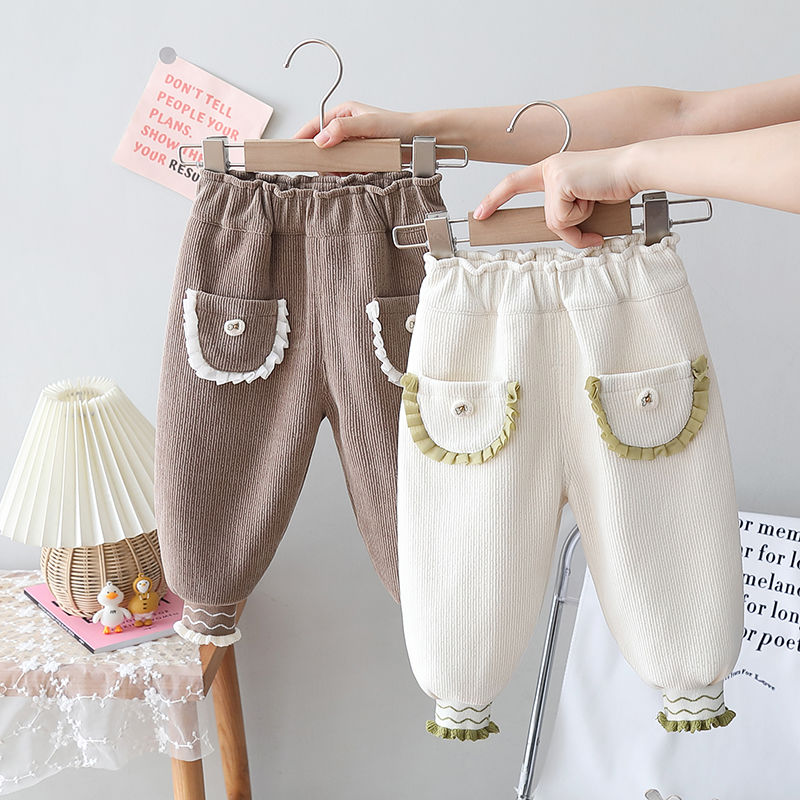 童装冬装女童木耳边灯芯绒棉裤儿童女宝宝加绒加厚休闲裤婴儿裤子