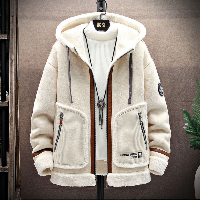 冬季连帽帅气鹿皮绒皮毛一体夹克外套男短款学生修身加厚保暖棉衣