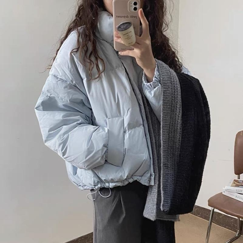 秋冬新款奶蓝色羽绒服短款女冬2023小个子宽松加厚网红爆款泡芙面
