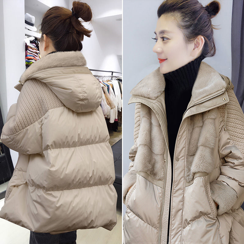 秋冬新款欧洲站2023年中长款时尚棉袄外套冬装拼接羽绒棉服女加厚
