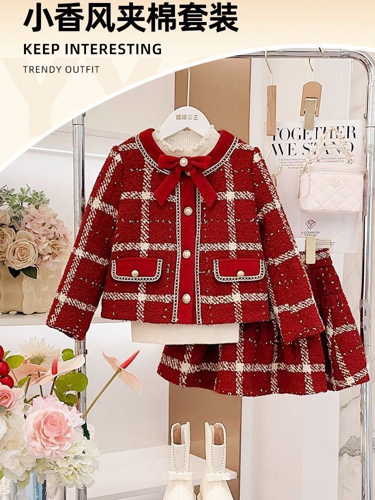 儿童红色香风女童拜年2024套装新款冬季加厚两件套洋气外