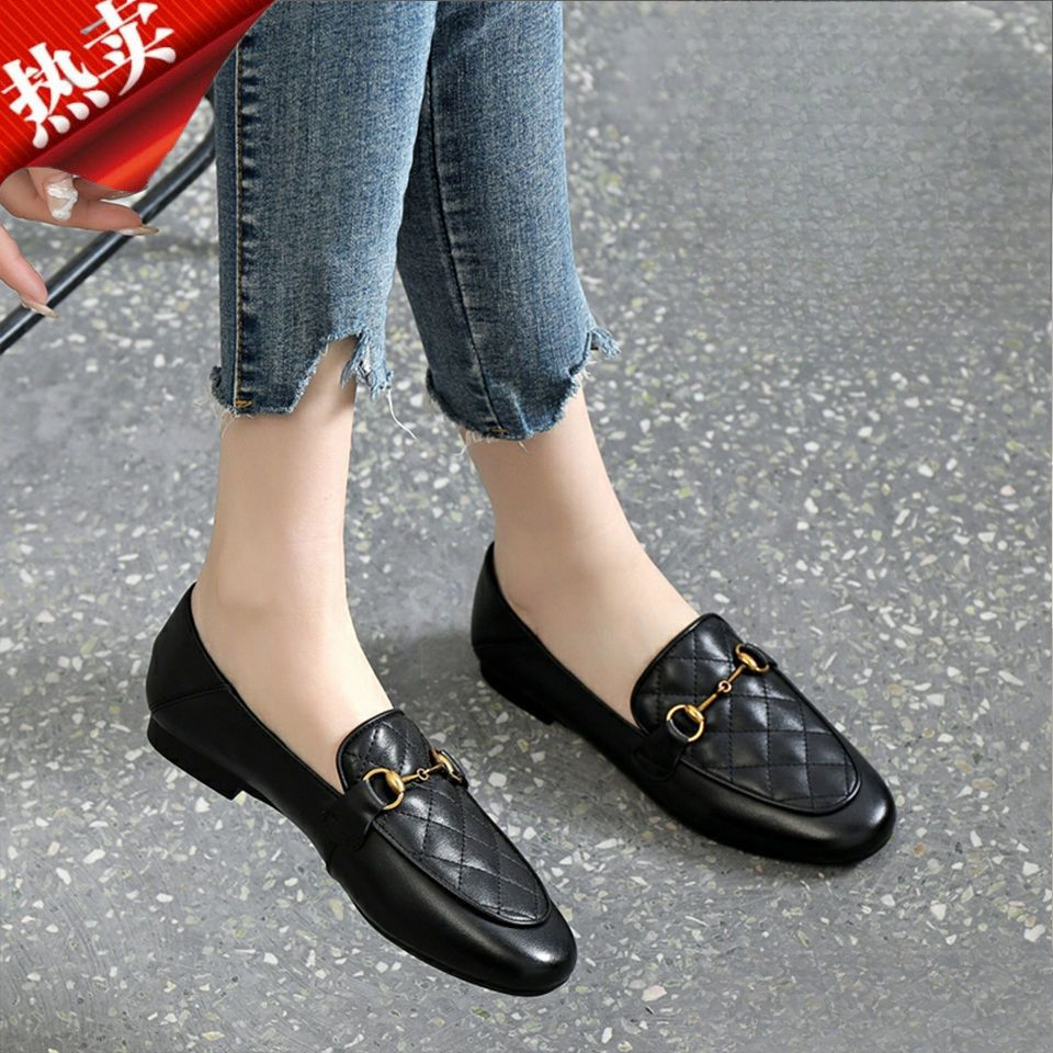 红蜻蜓牌平底单鞋女2023春季新款软底乐福鞋一脚蹬豆豆鞋女鞋小皮