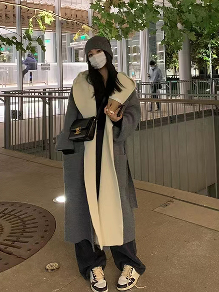 高级感假两件慵懒风宽松连帽长款毛衣外套女加厚秋冬撞色针织开衫
