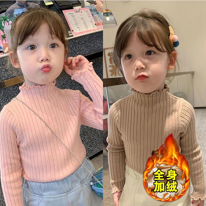 加绒加厚女童秋冬毛衣儿童冬装休闲针织上衣宝宝纯色洋女童针织衫