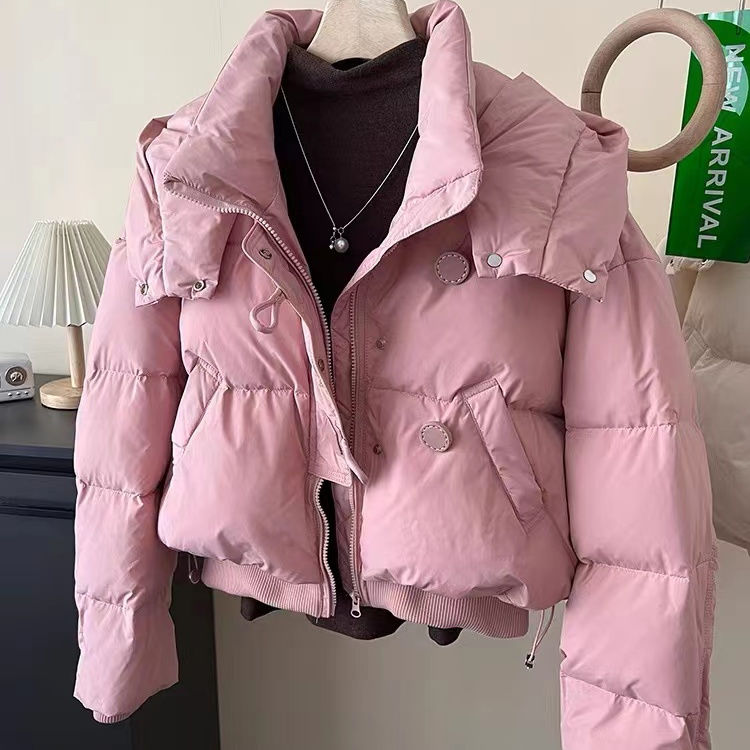 欧货时尚连帽粉色羽绒服女短款小个子冬季加厚保暖韩版白鸭