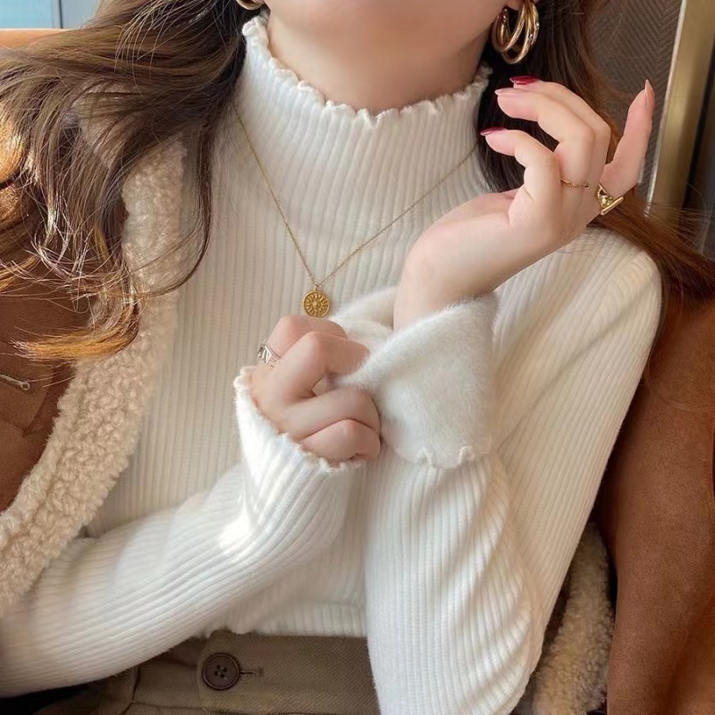 秋冬加绒毛衣喂奶加厚木耳边内搭半高领套头哺乳针织打底衫保暖衣