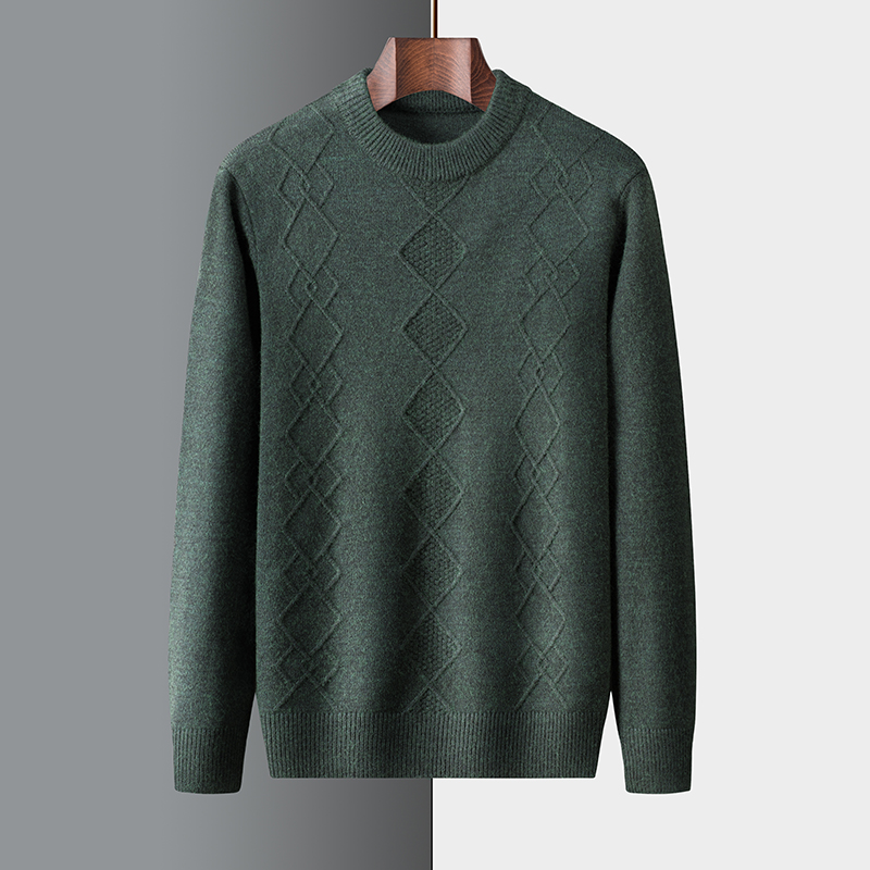 秋冬男士休闲冬季提花100%纯羊毛衫百搭圆领时尚针织宽松加厚毛衣