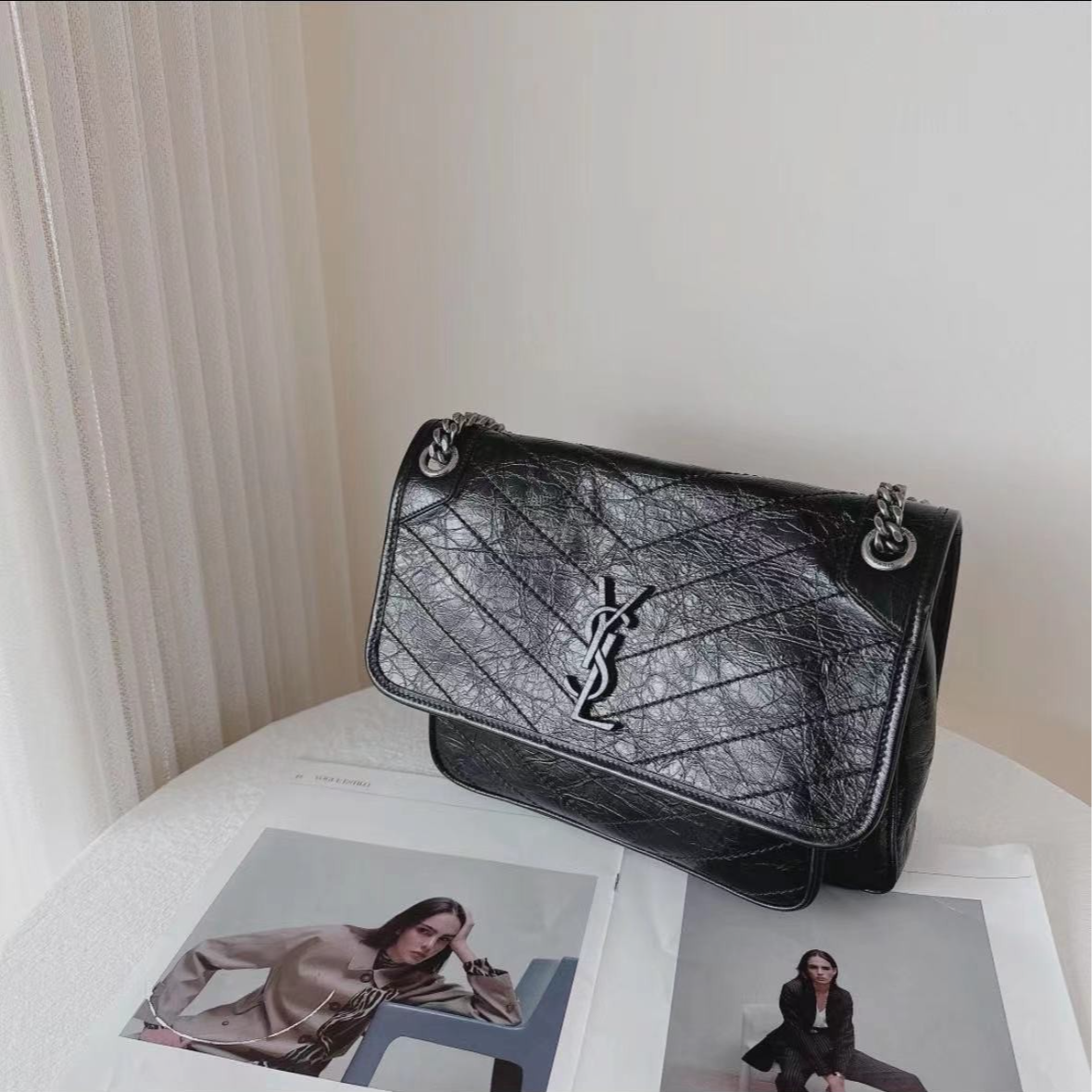 99新 YSL/圣罗兰  1230058 黑色银链niki中号单肩包/B