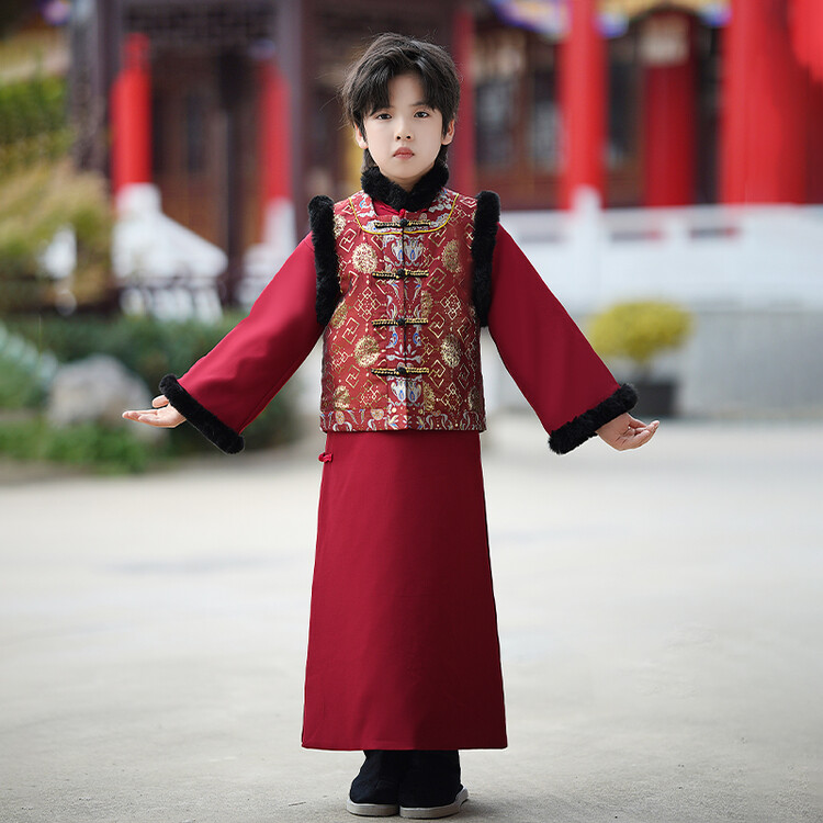唐装冬季汉服男童中大童儿童中式中国风宝宝加厚秋冬拜年服加绒