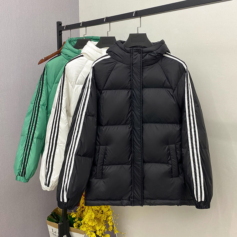 羽服绒2024新款女短款连帽加厚宽松时尚三道杠外套潮羽绒棉