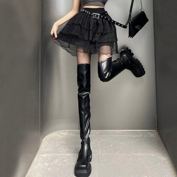 CK漆皮过膝长靴女小个子厚底增高瘦瘦弹力靴性感方头加绒高筒骑士