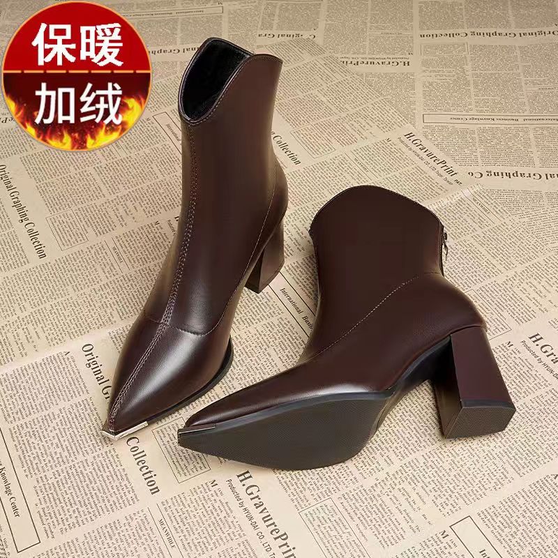 意尓2023爆款尖头真皮短靴女秋冬高跟鞋小个子法式小踝靴女