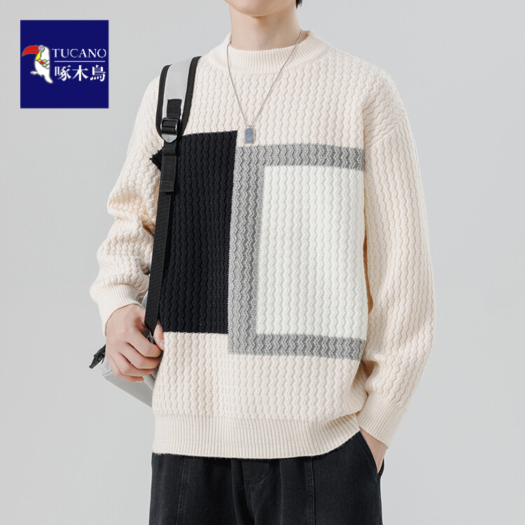 啄木鸟时尚秋冬季新款设计感圆领毛衣高档男士休闲百搭宽松针织衫