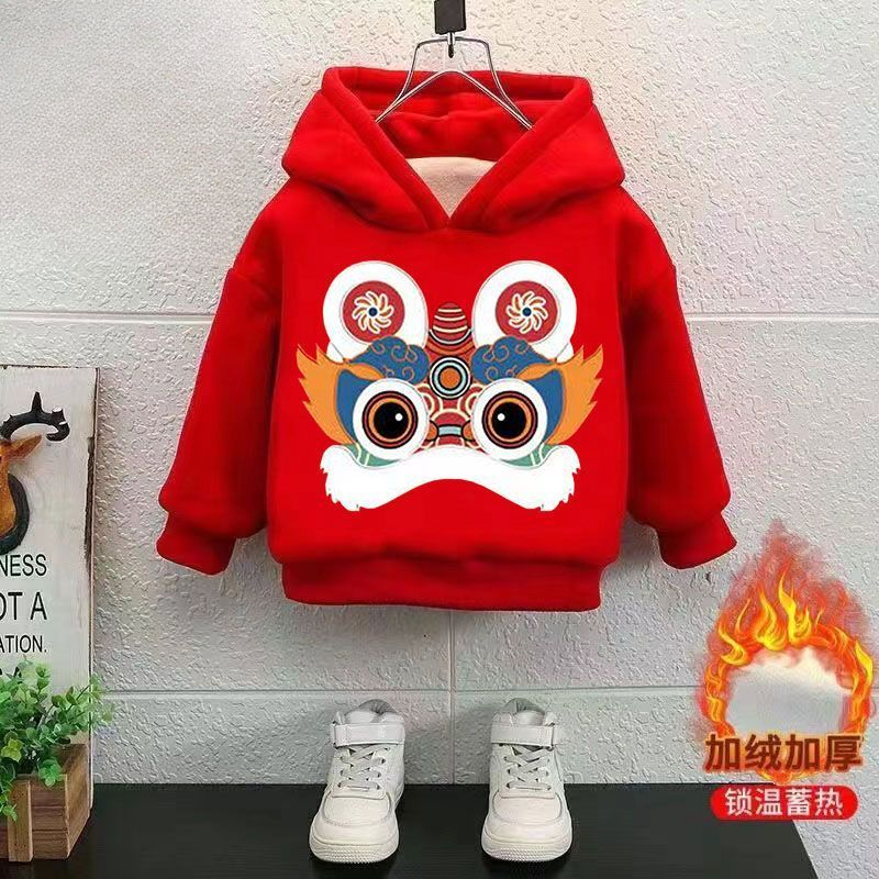 儿童龙年加绒小童喜庆大红卫衣男拜年服秋冬装宝宝新年装上衣潮