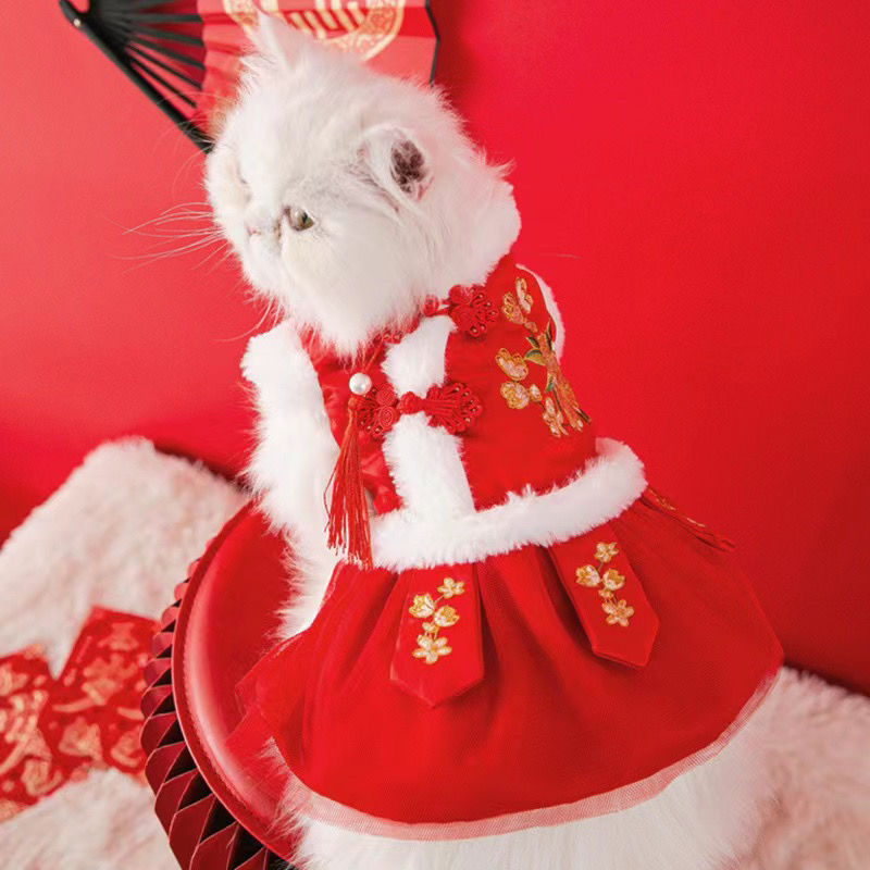 可爱猫咪新年刺绣拜年衣服冬季布偶猫蓝猫幼猫宠物防掉毛秋冬款