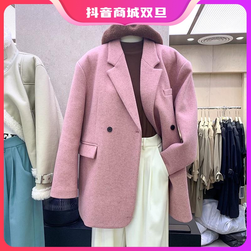 小香风毛呢西装外套女2023秋冬新款韩版宽松黑色加厚呢子大衣短款