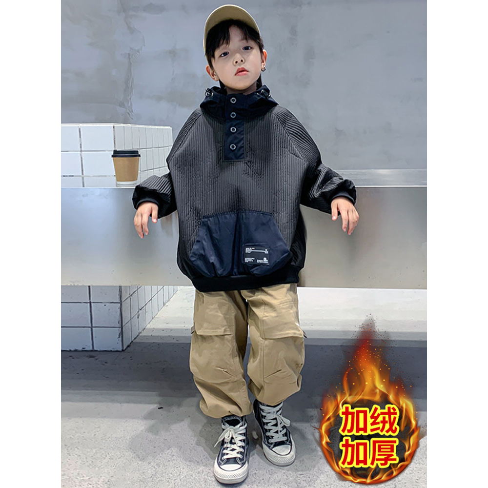 儿衣保童装男童一体加绒卫衣秋冬款2023新款加厚上暖男孩大童冬季
