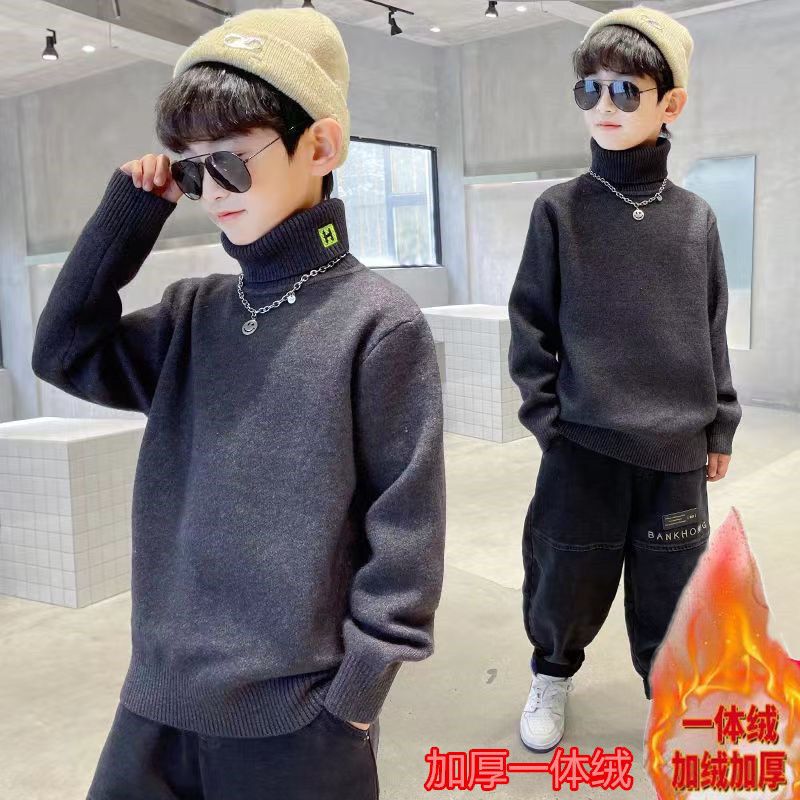 新品巴拉巴拉男童加厚加绒高领毛衣秋冬新款中大童一体绒针织衫男