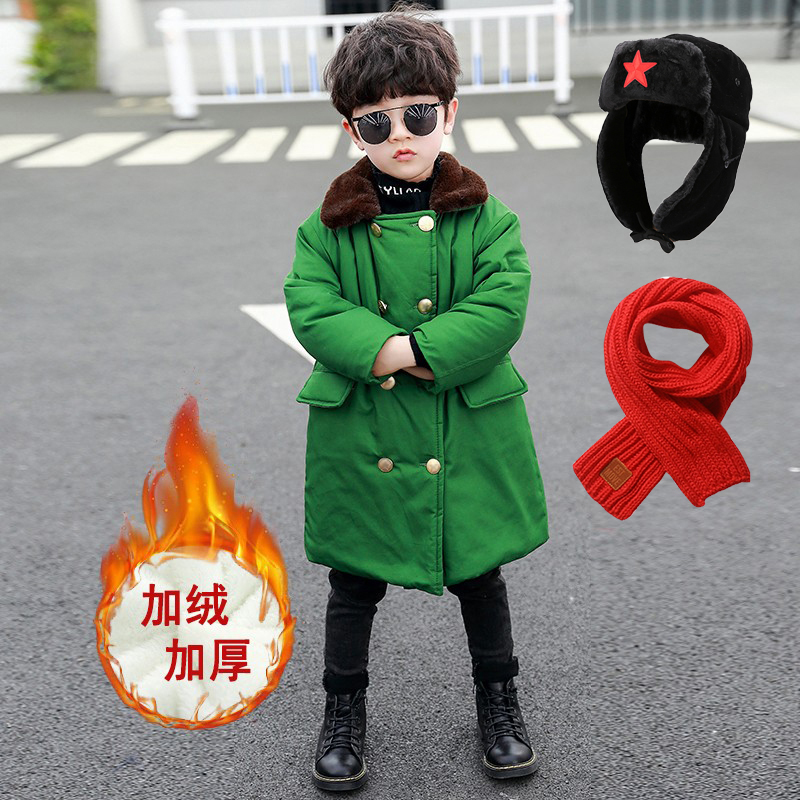 军棉大衣儿童棉衣加绒冬小童东北军绿棉袄小孩冬加厚男童冬装棉服