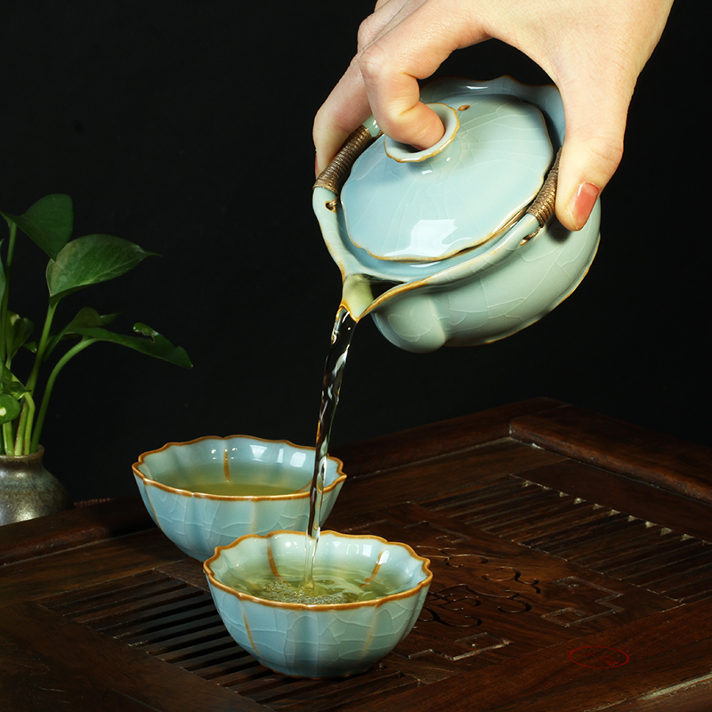 哥窑景德镇手抓壶防烫手盖碗单个功夫茶具套装便携式旅行茶具泡茶