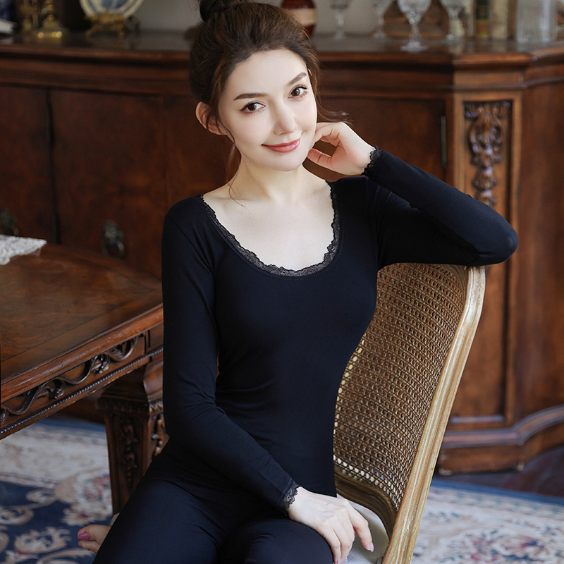 女士美体秋衣女上衣大码打底棉毛衫蕾丝薄款保暖内衣长袖修身紧身