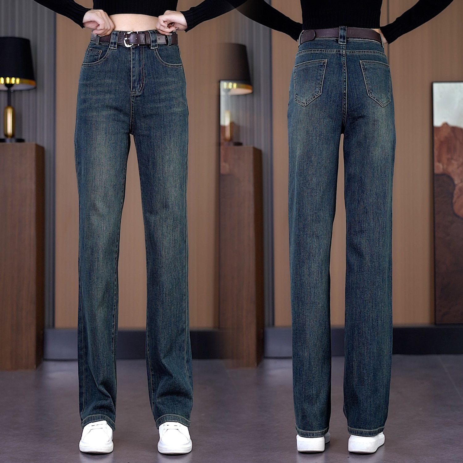 【加北极绒】窄版宽松加绒牛仔女秋冬新款女士显瘦直筒裤休闲阔腿裤