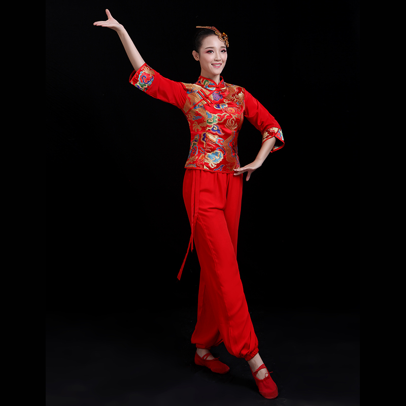2022新款中老年广场扇子舞秧歌服演出服女蹈服装腰鼓锣鼓队打鼓服