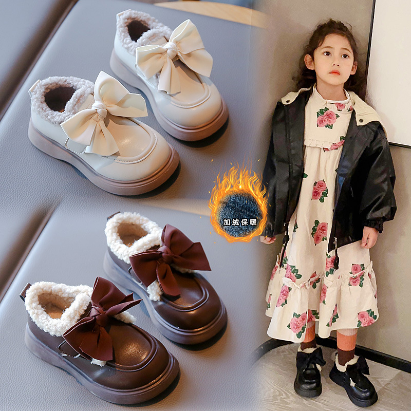 ABCYEEF爆款英伦风小皮鞋加绒豆豆鞋女童皮鞋2023秋冬新款百搭保