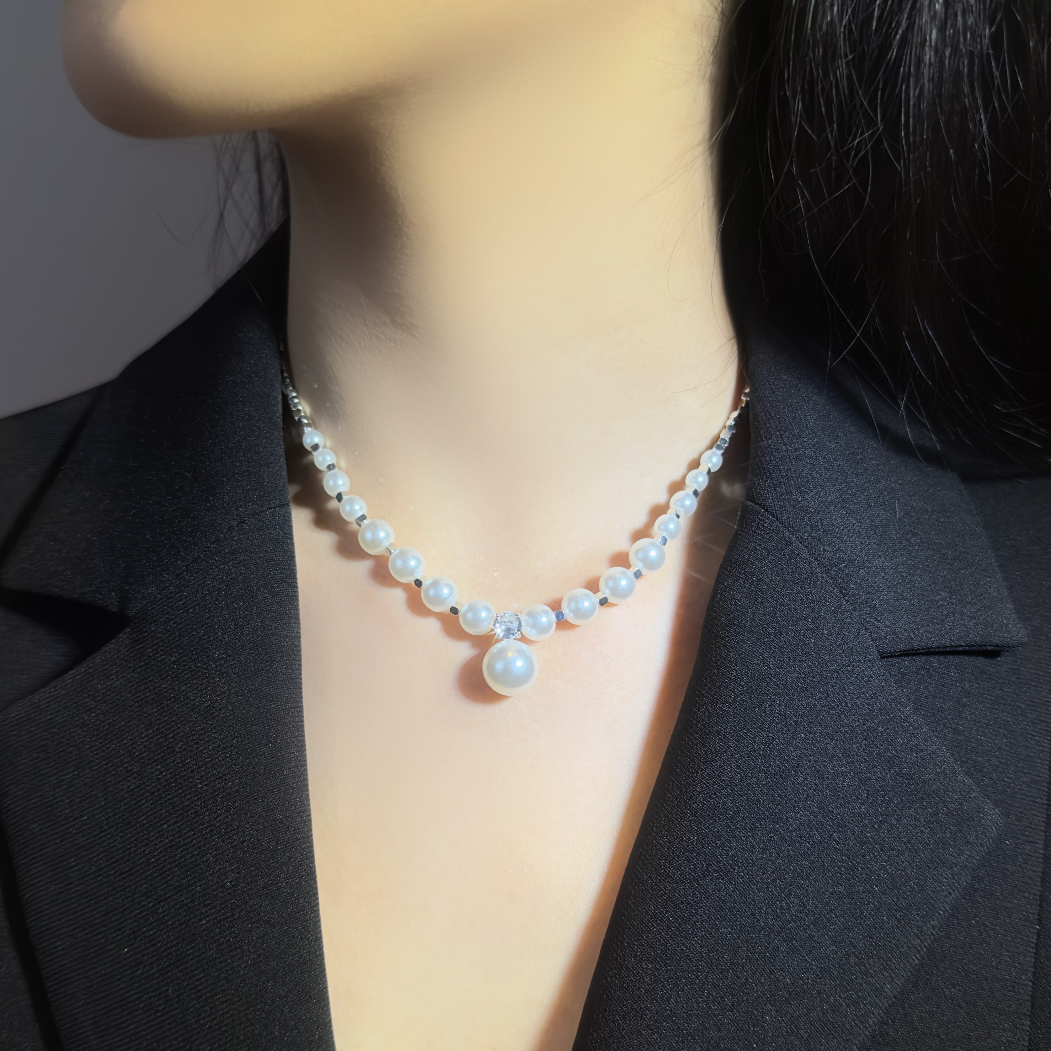 铜合金仿珍珠项链  元旦新款气质轻奢碎银子方糖施家珠珠项链6011