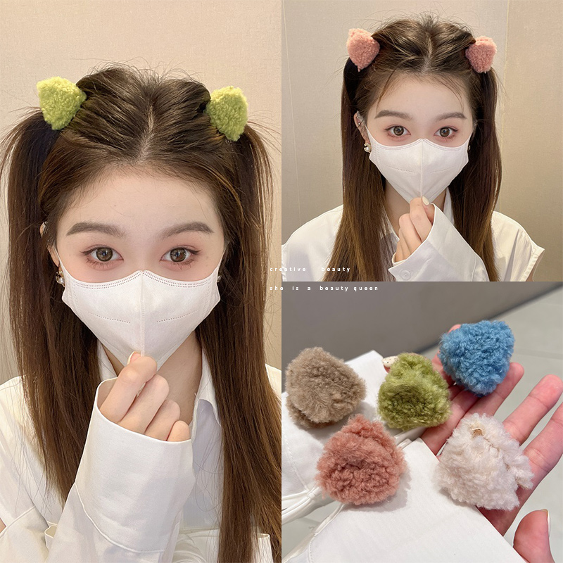 秋冬羊羔毛猫耳朵小抓夹可爱公主头对夹侧边浏海碎发夹子头饰发夹