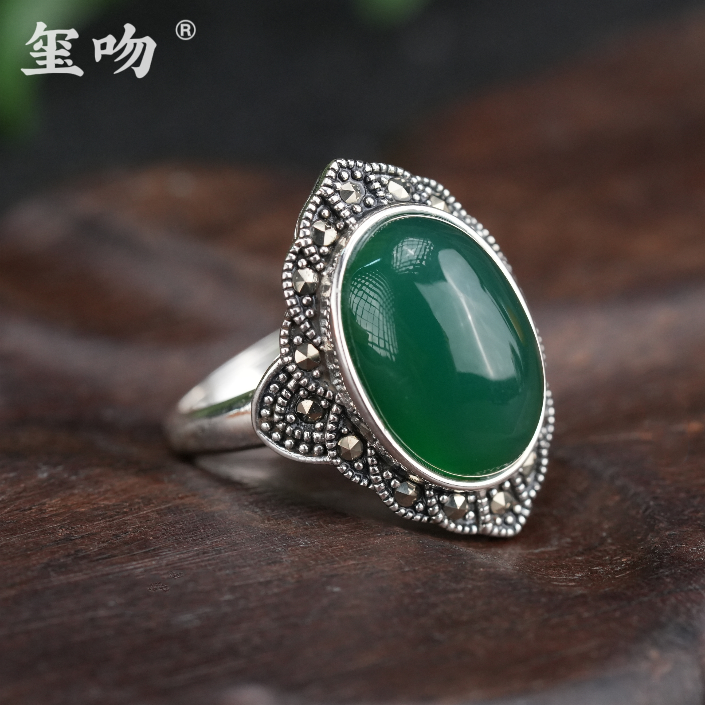 【玺吻】s925银镶嵌  绿玛瑙戒指 蛋面绿玛瑙戒指 小众时尚手工戒指