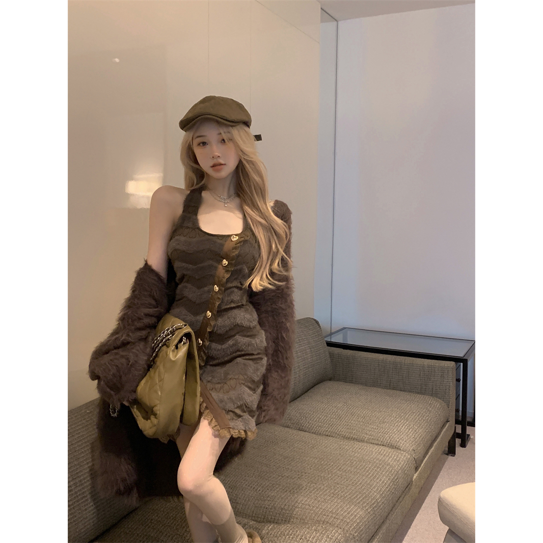 奶欲芭比慵懒风开衫毛衣外套女装时尚气质收腰显瘦辣妹挂脖短裙子
