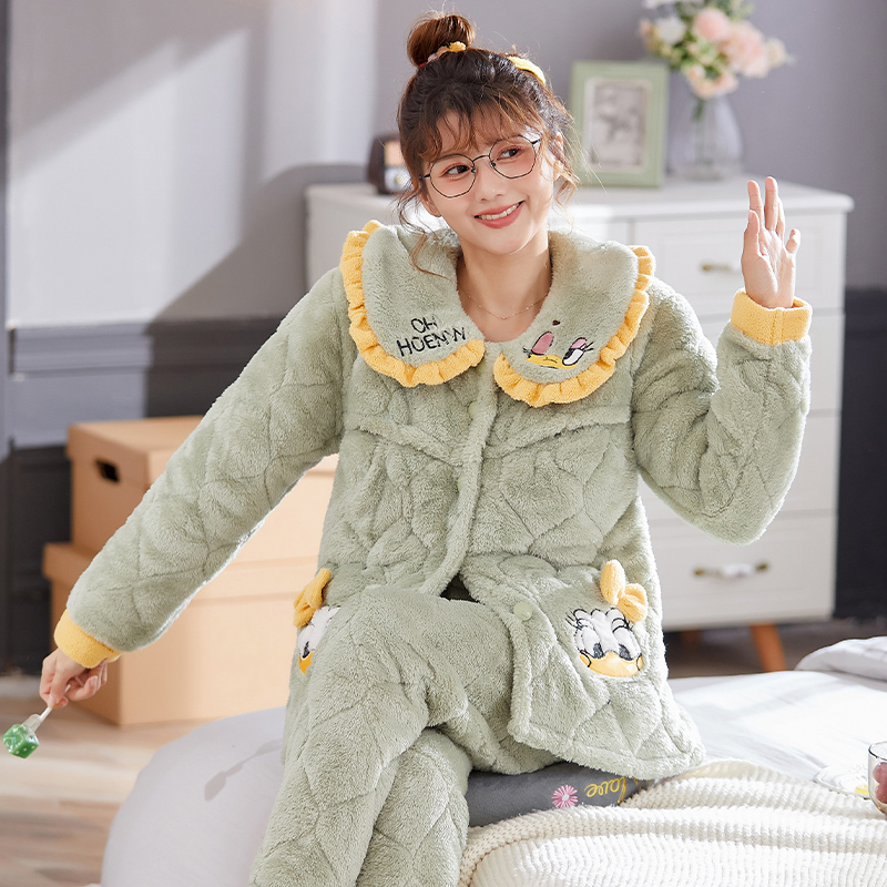 月子服秋冬季加厚加绒三层夹棉孕妇睡衣冬天法兰绒产后哺乳家居服