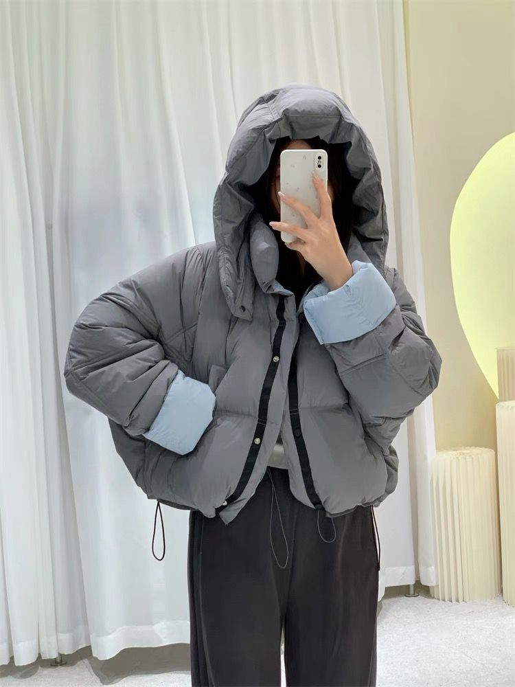 羽绒服2023棉服欧货白鸭绒时尚面包服新款冬装韩版连帽拼色羽绒服