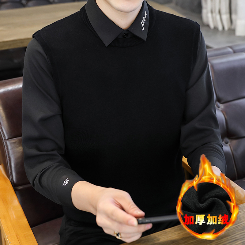 常规款/加绒加厚】春秋冬新款假两件毛衣男潮流打底高档针织保暖衣