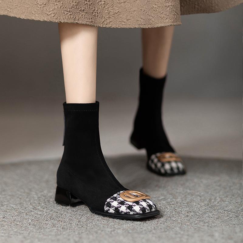 小香风拼色款短靴女秋冬新款方头低跟单靴金属扣后拉链瘦瘦靴