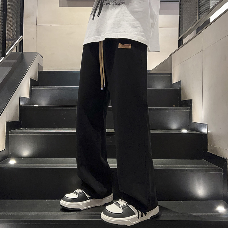 初中生牛仔加绒裤男秋冬直筒宽松黑色美式高街青少年阔腿男生裤子