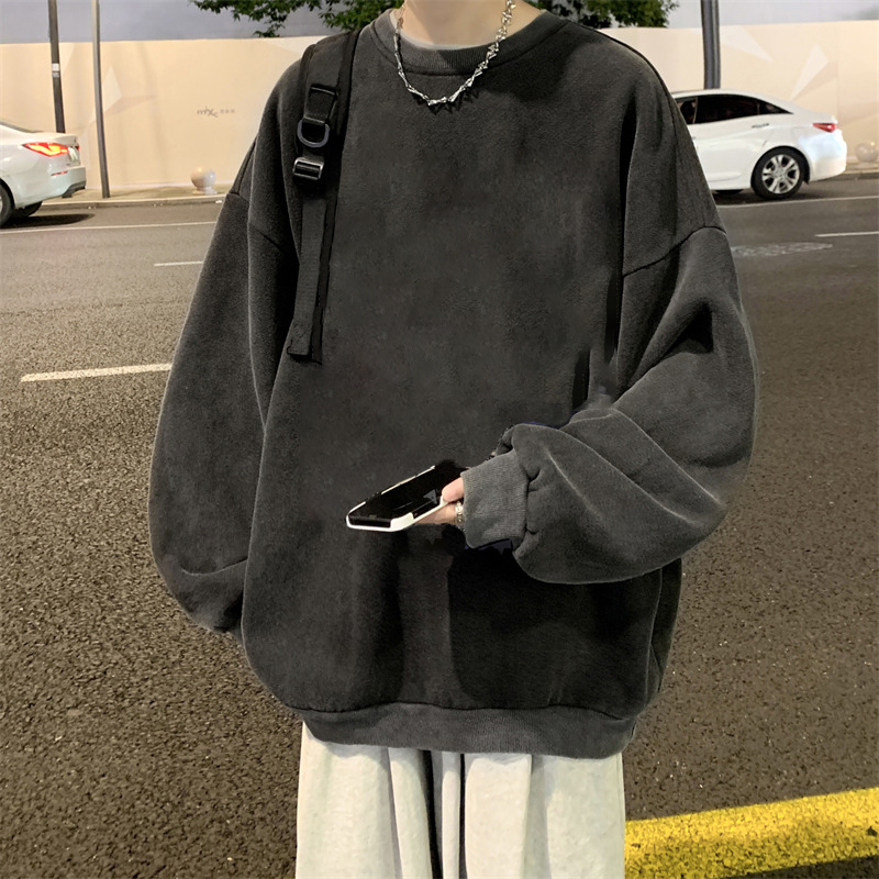 春秋季水洗做旧纯色卫衣ins男生宽松简约百搭打底衫美式纯棉上衣