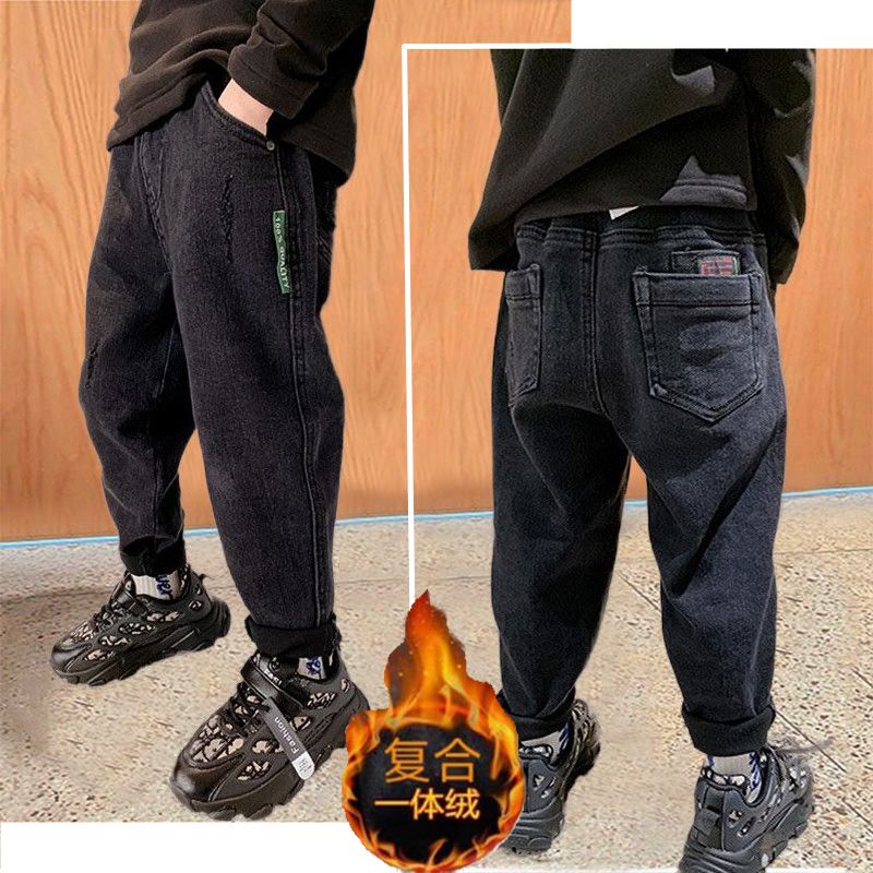 秋冬童装男童一体绒加厚裤子2023新款中大儿童宝宝保暖软牛仔裤潮