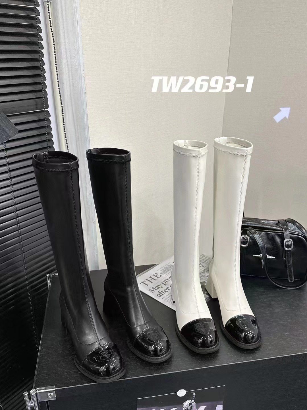 2693-1法式小香风山茶花长靴女秋冬显瘦新款拼色粗跟瘦瘦靴 B15
