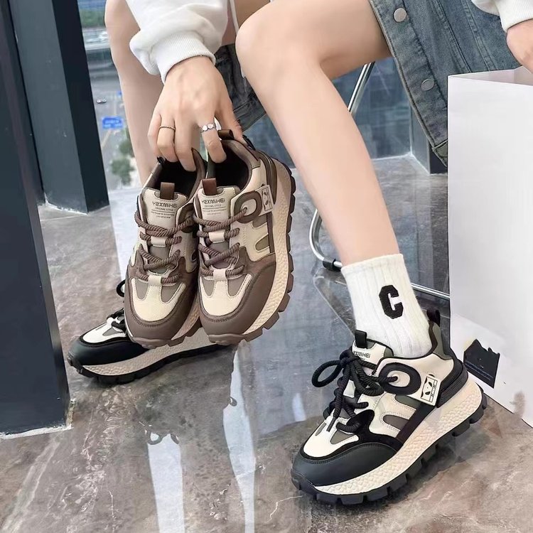 软皮老爹鞋女洋气爆款2023秋冬新款厚底百搭复古显脚小休闲运动鞋