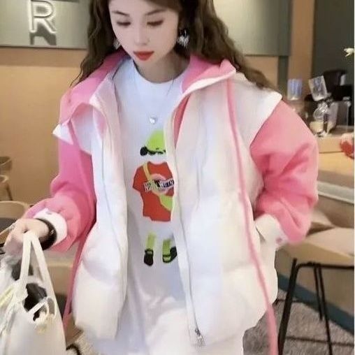 冬季新款羽绒服炸街网红爆款假两件减龄加厚拼接设计感连帽外套