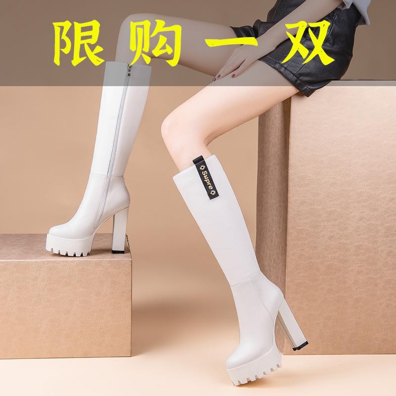 红蜻蜓牌小个子增高显瘦粗跟高筒靴防水台高跟不过膝长靴秋冬新