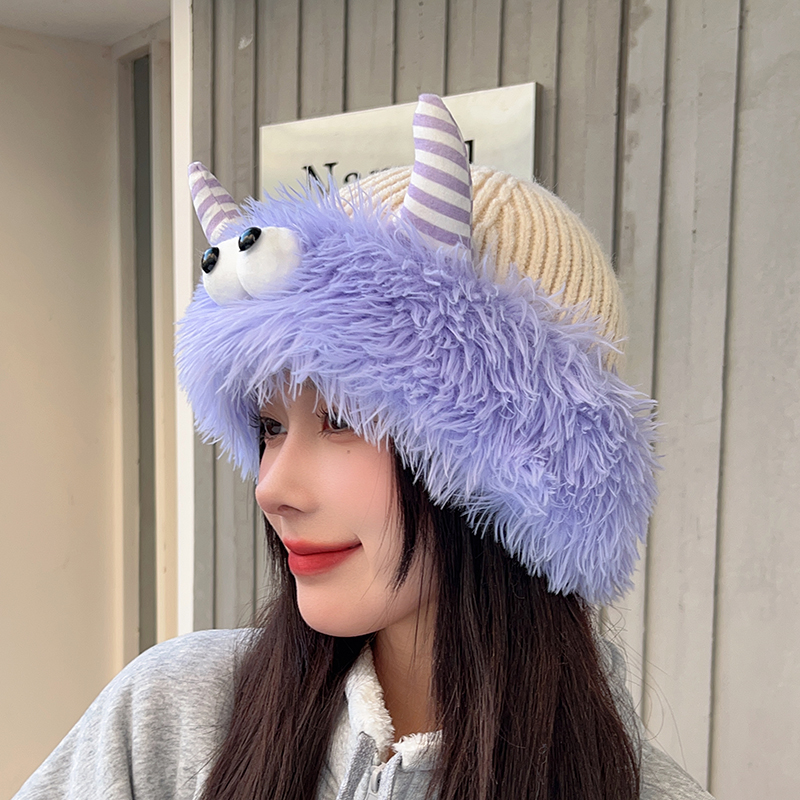 可爱搞怪毛绒针织帽子女2023新款冬季保暖护耳毛线帽护耳显脸小白
